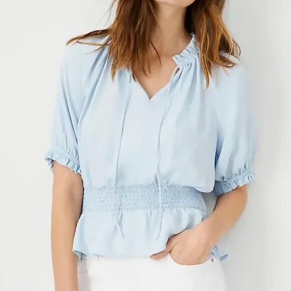 Ann Taylor Petite Light Blue Crossover Smocked Waist Blouse Top Size Small - Picture 1 of 9